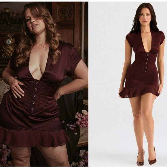 House of CB ‘Tianna’ Wine Ruffle Corset Mini Dress NWT - Picture 3 of 10